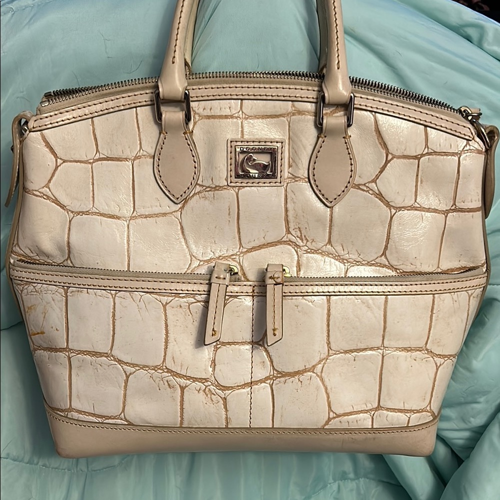 Dooney & Bourke Cream Satchel with Crocodile Texture and Structured Shape
